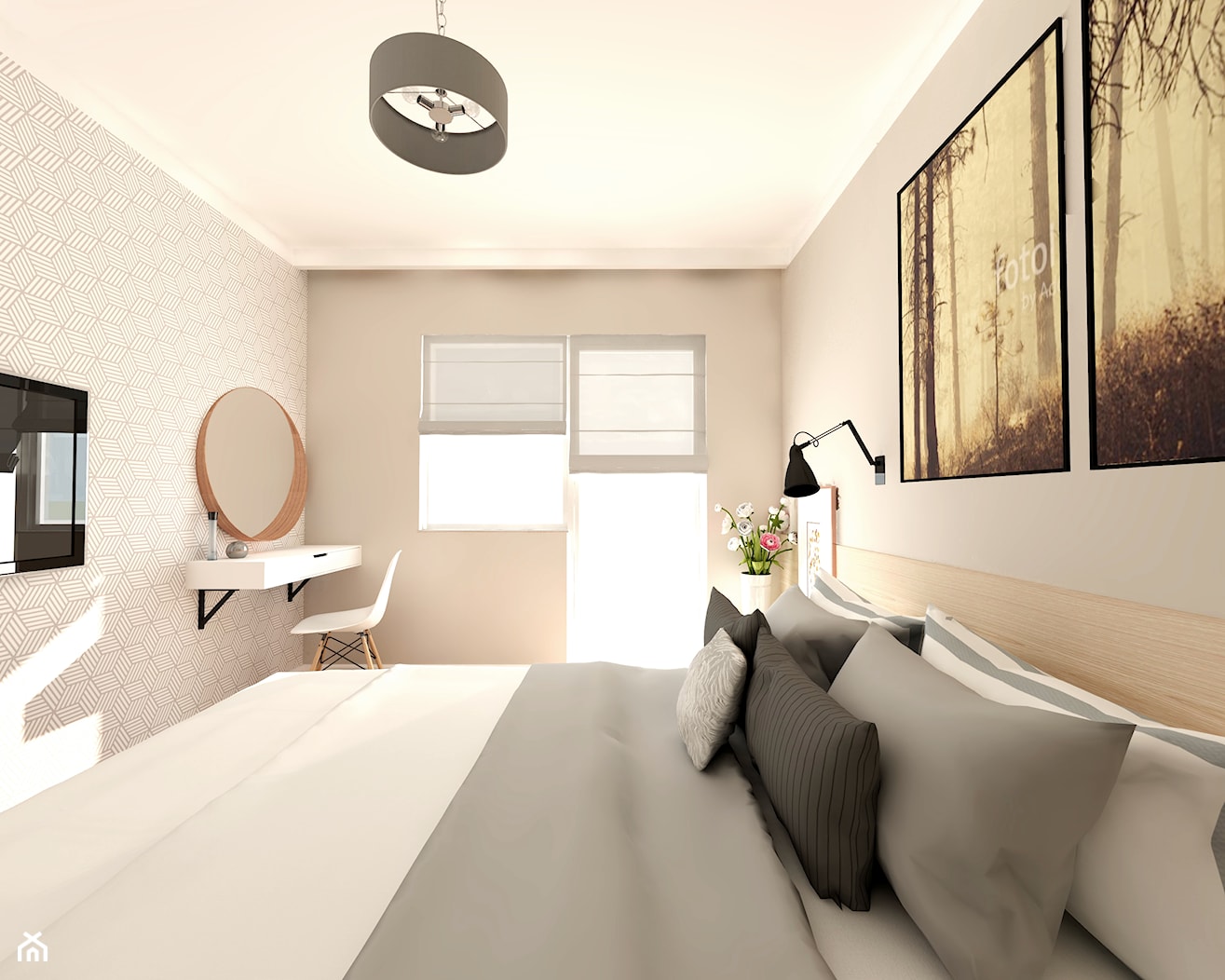 Mieszkanie 56.5 m2 Reduta - Średnia beżowa biała szara sypialnia z balkonem / tarasem, styl nowoczesny - zdjęcie od Good Place For Living - Homebook