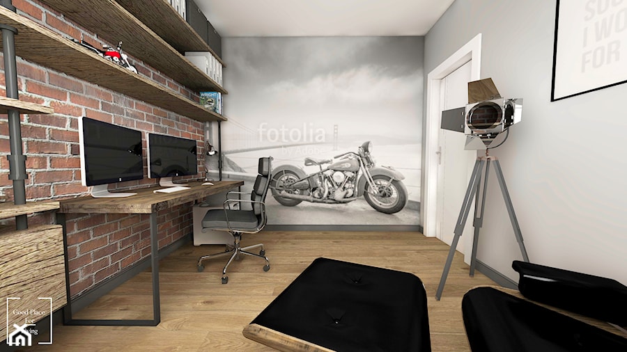 Przytulny industrial - Średnie w osobnym pomieszczeniu z sofą szare biuro, styl industrialny - zdjęcie od Good Place For Living