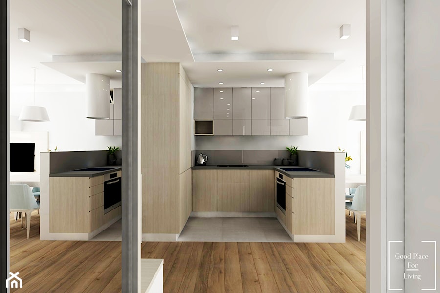 Mieszkanie 56.5 m2 Reduta - Mała otwarta z salonem biała z zabudowaną lodówką z nablatowym zlewozmywakiem kuchnia w kształcie litery l, styl nowoczesny - zdjęcie od Good Place For Living