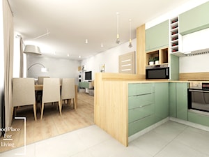 Salon z aneksem - Tymbark - Średnia otwarta z zabudowaną lodówką kuchnia w kształcie litery l z oknem, styl nowoczesny - zdjęcie od Good Place For Living