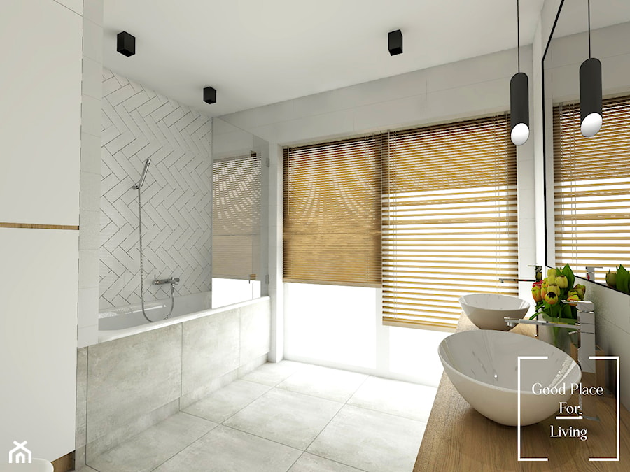 Łazienka i aneks kuchenny, Wieliczka - Średnia z dwoma umywalkami z marmurową podłogą z punktowym oświetleniem łazienka z oknem, styl nowoczesny - zdjęcie od Good Place For Living