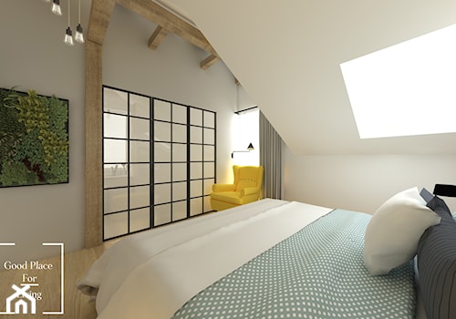 Przytulny industrial - Duża biała sypialnia na poddaszu z łazienką, styl industrialny - zdjęcie od Good Place For Living