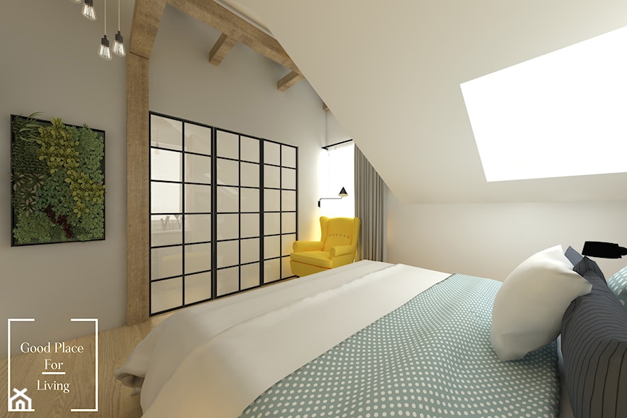 Przytulny industrial - Duża biała sypialnia na poddaszu z łazienką, styl industrialny - zdjęcie od Good Place For Living