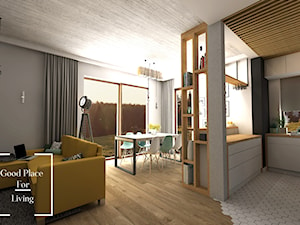 Przytulny industrial - Mały szary salon z kuchnią z jadalnią z tarasem / balkonem, styl industrialny - zdjęcie od Good Place For Living