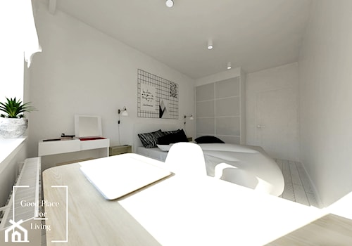 Mieszkanie w stylu skandynawskim osiedle Avia - Duża biała z biurkiem sypialnia, styl skandynawski - zdjęcie od Good Place For Living