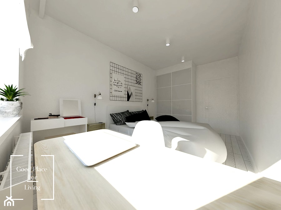 Mieszkanie w stylu skandynawskim osiedle Avia - Duża biała z biurkiem sypialnia, styl skandynawski - zdjęcie od Good Place For Living