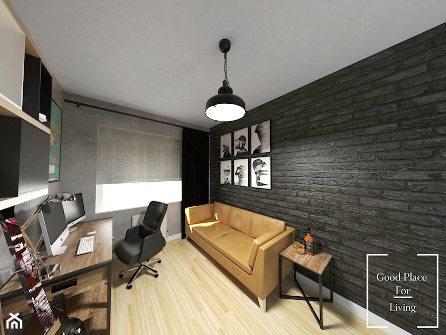 Średnie w osobnym pomieszczeniu z sofą czarne biuro, styl industrialny - zdjęcie od Good Place For Living
