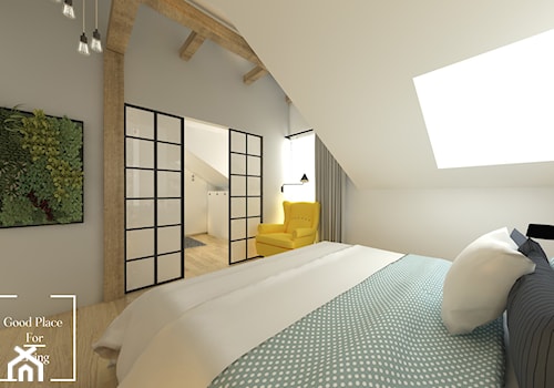 Przytulny industrial - Mała biała sypialnia na poddaszu z łazienką, styl industrialny - zdjęcie od Good Place For Living