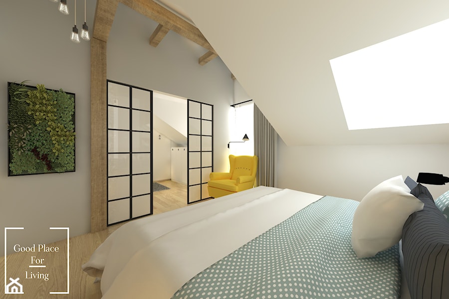 Przytulny industrial - Mała biała sypialnia na poddaszu z łazienką, styl industrialny - zdjęcie od Good Place For Living