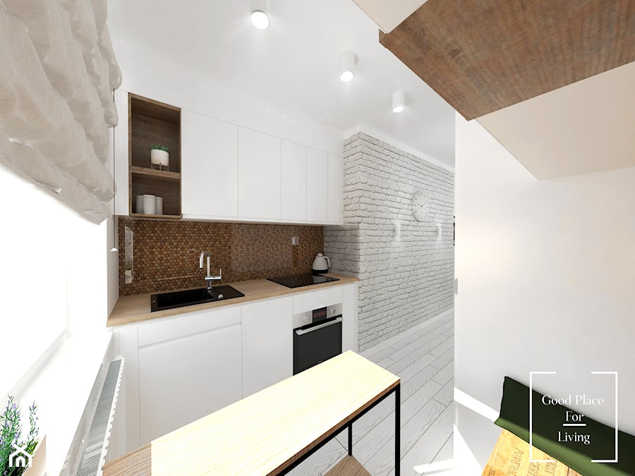 Mieszkanie w stylu skandynawskim osiedle Avia - Mała otwarta z zabudowaną lodówką z nablatowym zlewozmywakiem kuchnia jednorzędowa z oknem, styl nowoczesny - zdjęcie od Good Place For Living