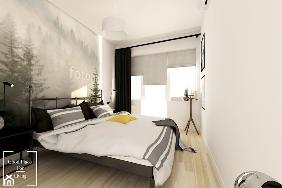 Mała biała sypialnia z balkonem / tarasem, styl industrialny - zdjęcie od Good Place For Living