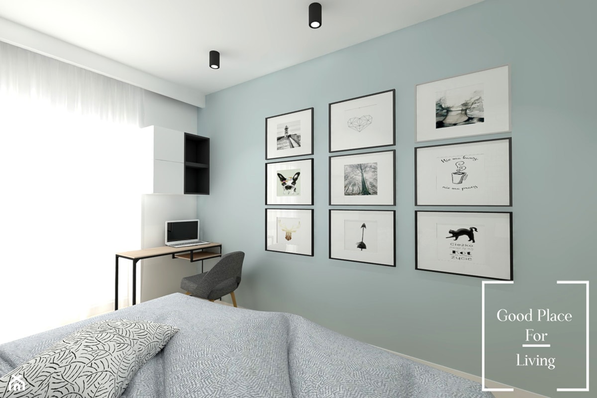 Mieszkanie w odcieniach pasteli - Duża biała zielona z biurkiem sypialnia, styl nowoczesny - zdjęcie od Good Place For Living - Homebook