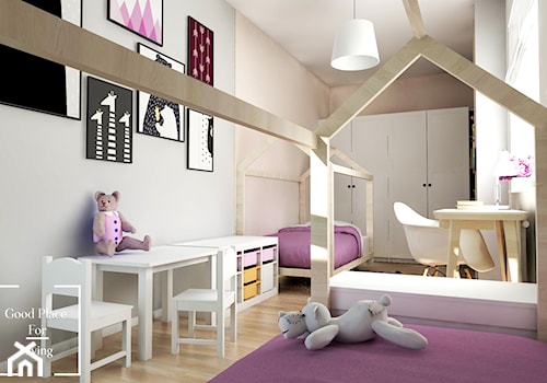 Pokój sióstr - Średni różowy szary pokój dziecka dla dziecka dla chłopca dla dziewczynki dla rodzeństwa, styl skandynawski - zdjęcie od Good Place For Living