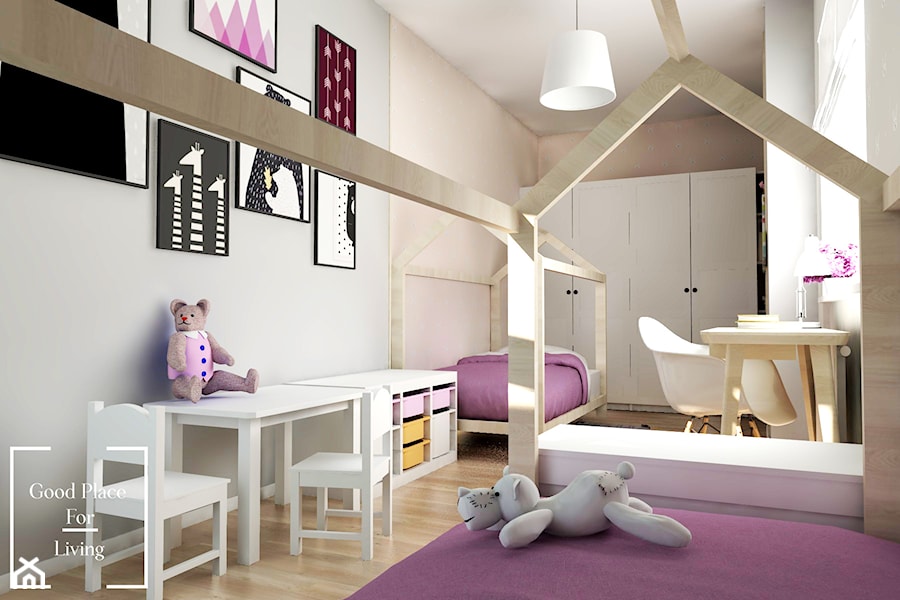 Pokój sióstr - Średni różowy szary pokój dziecka dla dziecka dla chłopca dla dziewczynki dla rodzeństwa, styl skandynawski - zdjęcie od Good Place For Living