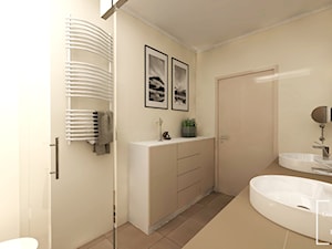 Dom w odcieniach cappuccino - Mała na poddaszu bez okna z lustrem z dwoma umywalkami łazienka, styl nowoczesny - zdjęcie od Good Place For Living