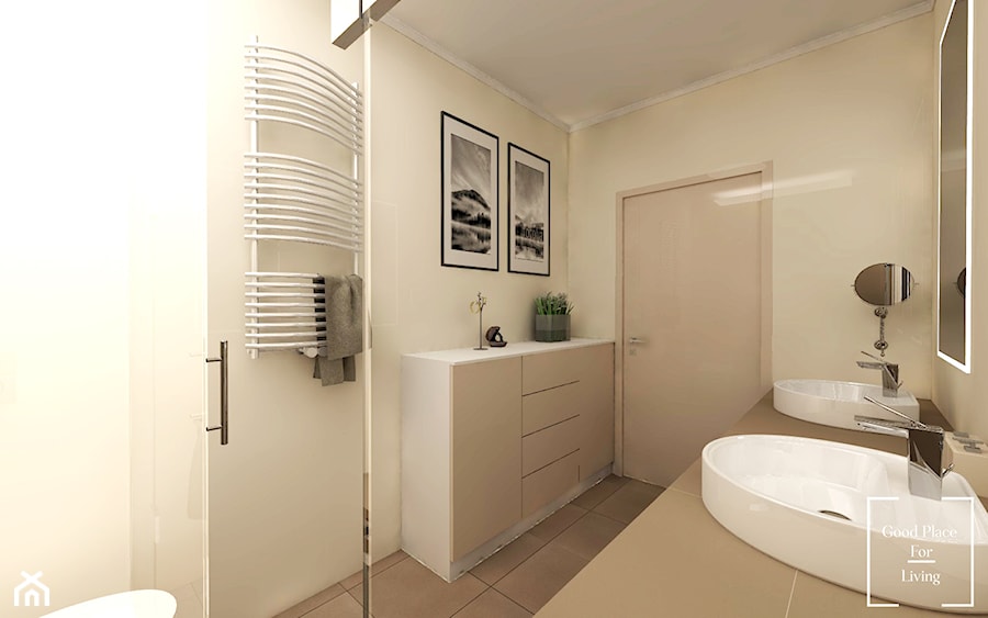 Dom w odcieniach cappuccino - Mała na poddaszu bez okna z lustrem z dwoma umywalkami łazienka, styl nowoczesny - zdjęcie od Good Place For Living
