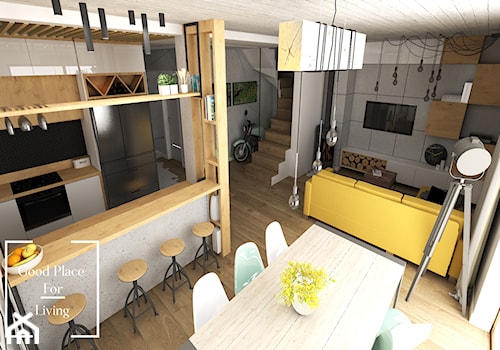 Przytulny industrial - Mały szary salon z kuchnią z jadalnią, styl industrialny - zdjęcie od Good Place For Living