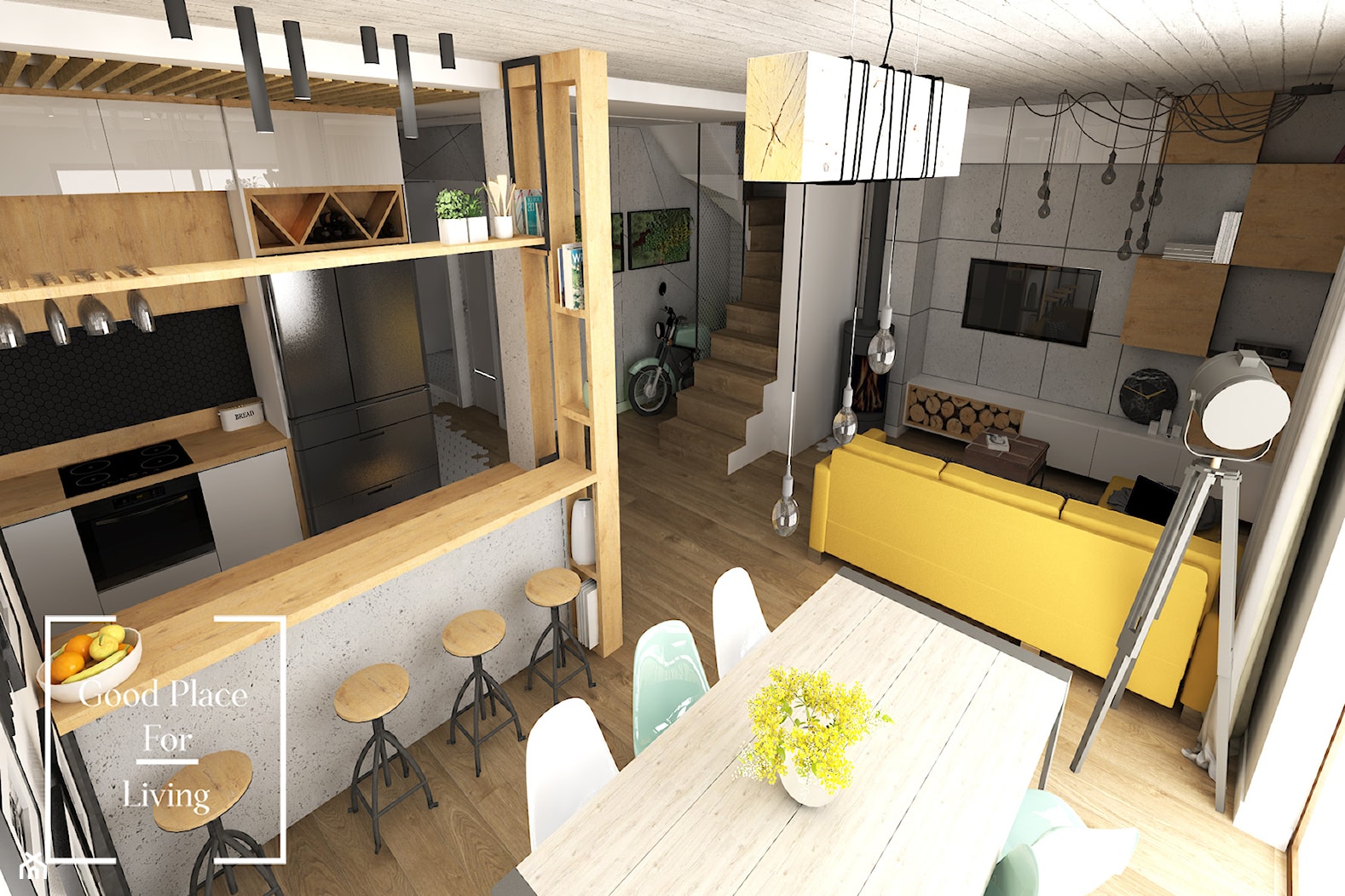 Przytulny industrial - Mały szary salon z kuchnią z jadalnią, styl industrialny - zdjęcie od Good Place For Living - Homebook