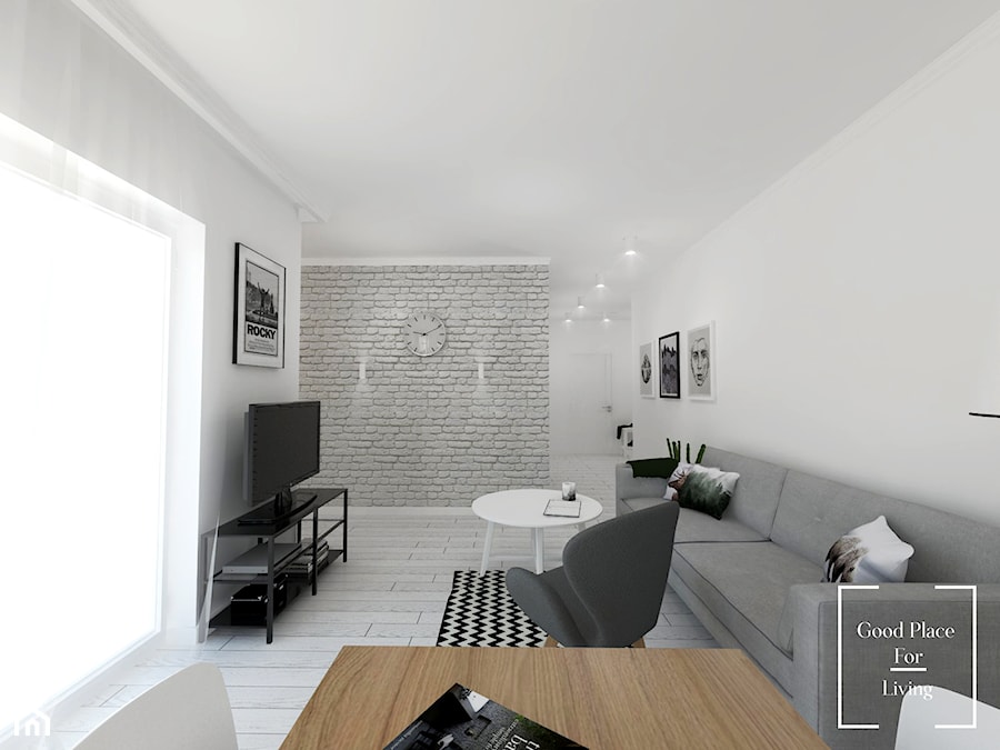Mieszkanie w stylu skandynawskim osiedle Avia - Średni biały salon z jadalnią, styl skandynawski - zdjęcie od Good Place For Living