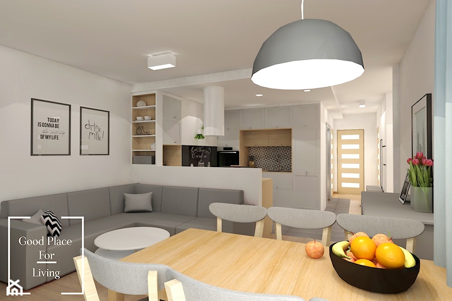 Apartamenty Saska nad Jeziorem - Mały biały salon z kuchnią z jadalnią, styl skandynawski - zdjęcie od Good Place For Living