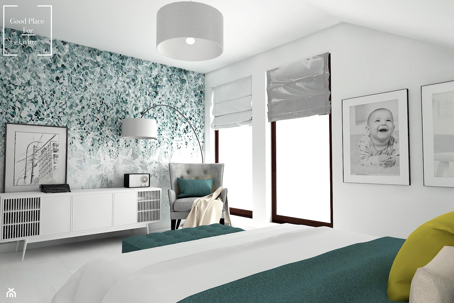 Eklektyzm - Duża biała zielona sypialnia na poddaszu, styl nowoczesny - zdjęcie od Good Place For Living - Homebook