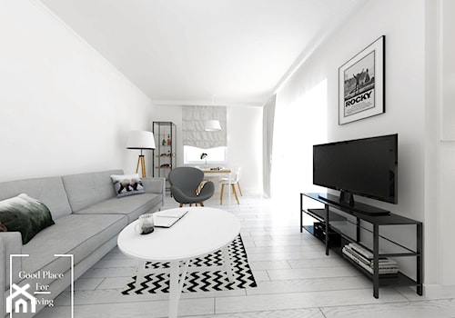 Mieszkanie w stylu skandynawskim osiedle Avia - Średni biały salon z jadalnią, styl skandynawski - zdjęcie od Good Place For Living