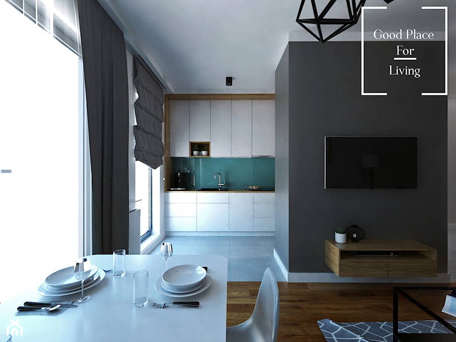 Osiedle Fi - 48 m2 - Duża czarna jadalnia w salonie, styl nowoczesny - zdjęcie od Good Place For Living