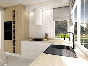 Słoneczna kuchnia - Średnia otwarta biała z zabudowaną lodówką z nablatowym zlewozmywakiem kuchnia w kształcie litery l z oknem - zdjęcie od Good Place For Living