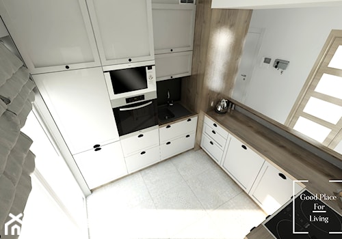Średnia otwarta biała z zabudowaną lodówką kuchnia w kształcie litery u, styl skandynawski - zdjęcie od Good Place For Living