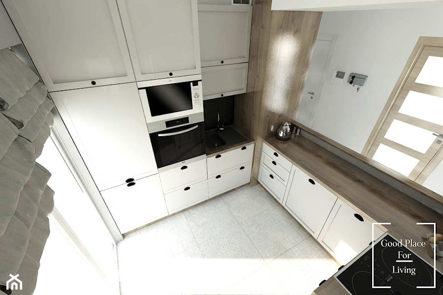 Średnia otwarta biała z zabudowaną lodówką kuchnia w kształcie litery u, styl skandynawski - zdjęcie od Good Place For Living
