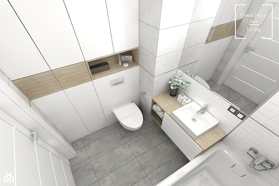 Projekt łazienki, ul. Bieńczycka - Mała na poddaszu bez okna z lustrem łazienka, styl nowoczesny - zdjęcie od Good Place For Living