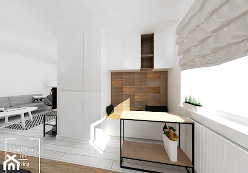Mieszkanie w stylu skandynawskim osiedle Avia - Średnia otwarta z salonem biała kuchnia z oknem, styl skandynawski - zdjęcie od Good Place For Living