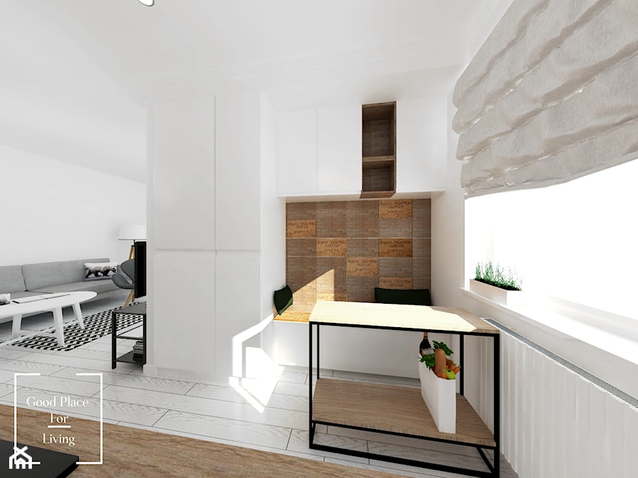 Mieszkanie w stylu skandynawskim osiedle Avia - Średnia otwarta z salonem biała kuchnia z oknem, styl skandynawski - zdjęcie od Good Place For Living