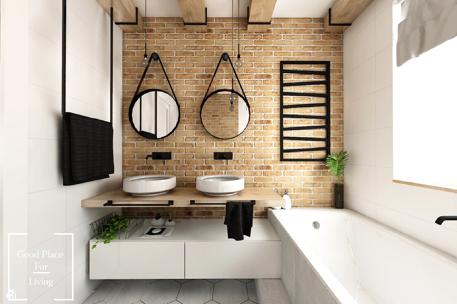 Przytulny industrial - Mała z dwoma umywalkami łazienka z oknem, styl industrialny - zdjęcie od Good Place For Living - Homebook