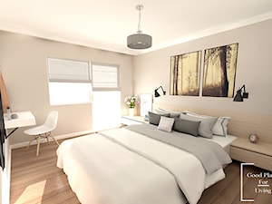 Mieszkanie 56.5 m2 Reduta - Średnia beżowa biała sypialnia z balkonem / tarasem, styl nowoczesny - zdjęcie od Good Place For Living