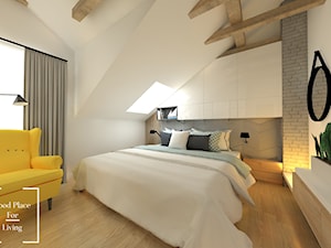 Przytulny industrial - Duża biała szara sypialnia na poddaszu, styl industrialny - zdjęcie od Good Place For Living
