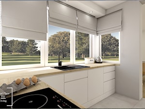 Słoneczna kuchnia - Mała zamknięta biała z zabudowaną lodówką z nablatowym zlewozmywakiem kuchnia w kształcie litery l z oknem - zdjęcie od Good Place For Living