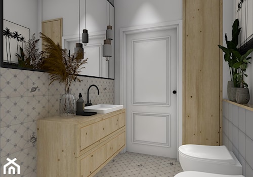 Łazienka z prysznicem. - Mała bez okna z lustrem z punktowym oświetleniem łazienka, styl rustykalny - zdjęcie od CARREA