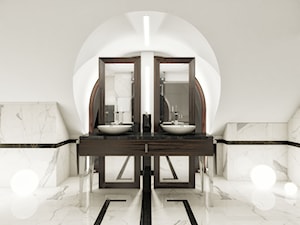 Przebudowa wnętrz willi w stylu glamour - Mała na poddaszu z lustrem z dwoma umywalkami z marmurową podłogą łazienka z oknem, styl glamour - zdjęcie od KJ Architekci