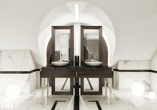 Przebudowa wnętrz willi w stylu glamour - Mała na poddaszu z lustrem z dwoma umywalkami z marmurową podłogą łazienka z oknem, styl glamour - zdjęcie od KJ Architekci