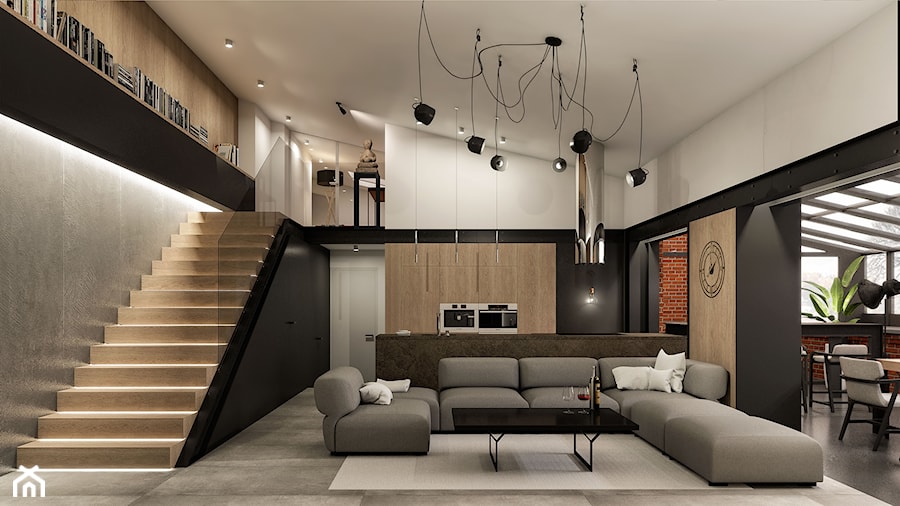 Wnętrze eleganckiego loftu - Duży biały czarny salon z kuchnią z jadalnią z tarasem / balkonem z bibiloteczką, styl industrialny - zdjęcie od KJ Architekci