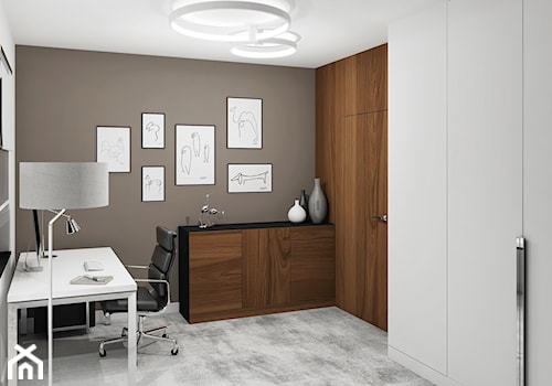 Projekt wnętrz małego domu jednorodzinnego - Średnie w osobnym pomieszczeniu białe czarne biuro, styl nowoczesny - zdjęcie od KJ Architekci