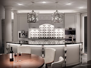 Przebudowa wnętrz willi w stylu glamour - Średnia z salonem biała z zabudowaną lodówką z podblatowym zlewozmywakiem kuchnia jednorzędowa z wyspą lub półwyspem, styl glamour - zdjęcie od KJ Architekci
