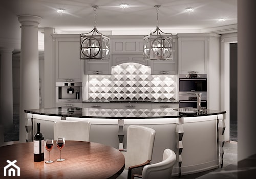 Przebudowa wnętrz willi w stylu glamour - Średnia z salonem biała z zabudowaną lodówką z podblatowym zlewozmywakiem kuchnia jednorzędowa z wyspą lub półwyspem, styl glamour - zdjęcie od KJ Architekci