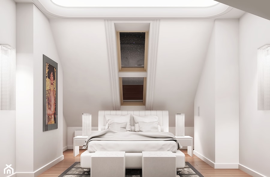 Przebudowa wnętrz willi w stylu glamour - Średnia biała sypialnia na poddaszu, styl glamour - zdjęcie od KJ Architekci