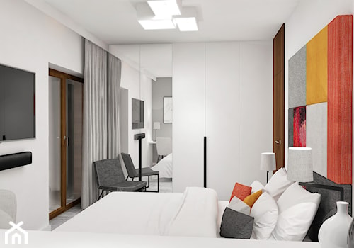 Projekt wnętrz małego domu jednorodzinnego - Mała biała sypialnia, styl nowoczesny - zdjęcie od KJ Architekci