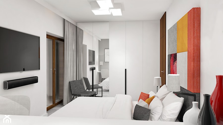 Projekt wnętrz małego domu jednorodzinnego - Mała biała sypialnia, styl nowoczesny - zdjęcie od KJ Architekci