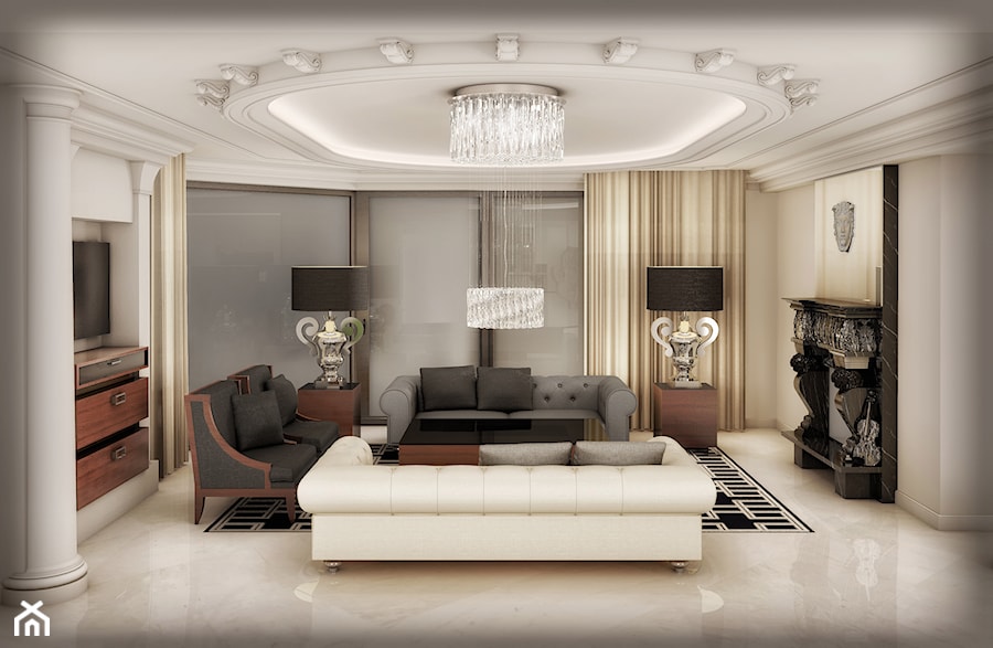 Przebudowa wnętrz willi w stylu glamour - Średni biały salon z tarasem / balkonem, styl glamour - zdjęcie od KJ Architekci