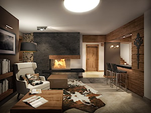 Wnętrza willi górskiej - Średni biały brązowy salon z jadalnią z bibiloteczką, styl rustykalny - zdjęcie od KJ Architekci