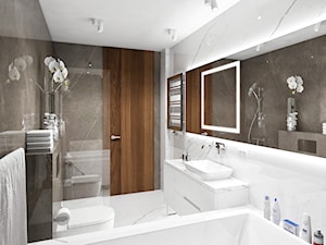 Projekt wnętrz małego domu jednorodzinnego - Średnia bez okna z lustrem z marmurową podłogą z punktowym oświetleniem łazienka, styl nowoczesny - zdjęcie od KJ Architekci
